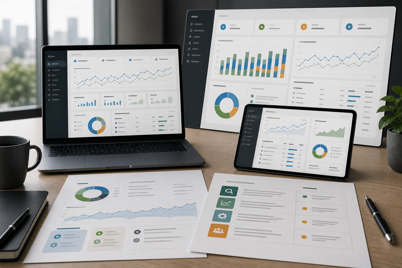 SEO 與電商成效報告、折線圖和 KPI 卡片視覺